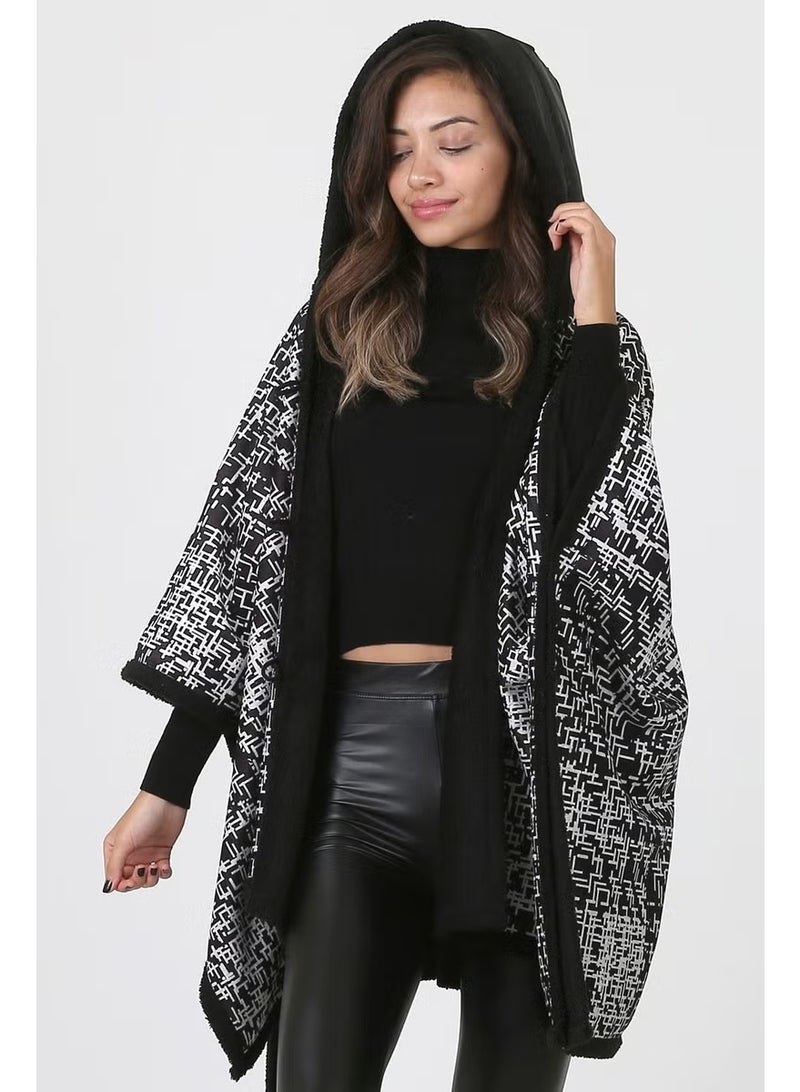 Hamur Dough Hooded Oversize Buttoned Inside Black Plush Velvet Coat Tweed KK-803 - Image 4